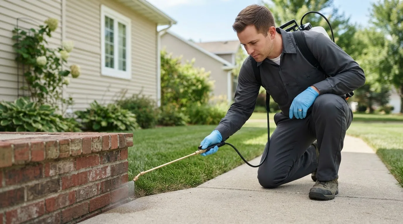 Pest control technician treating a home near Portsmouth, IA