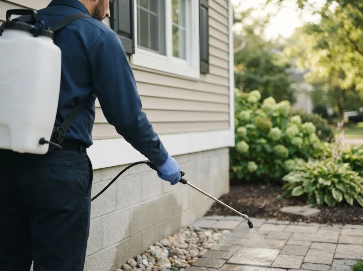 Pest control technician inspecting a home in Portsmouth, IA